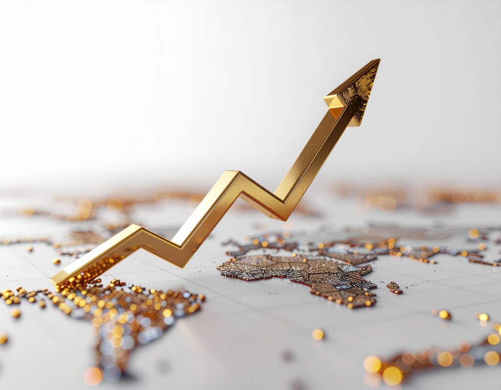 右肩上がりの株価チャート(金色)